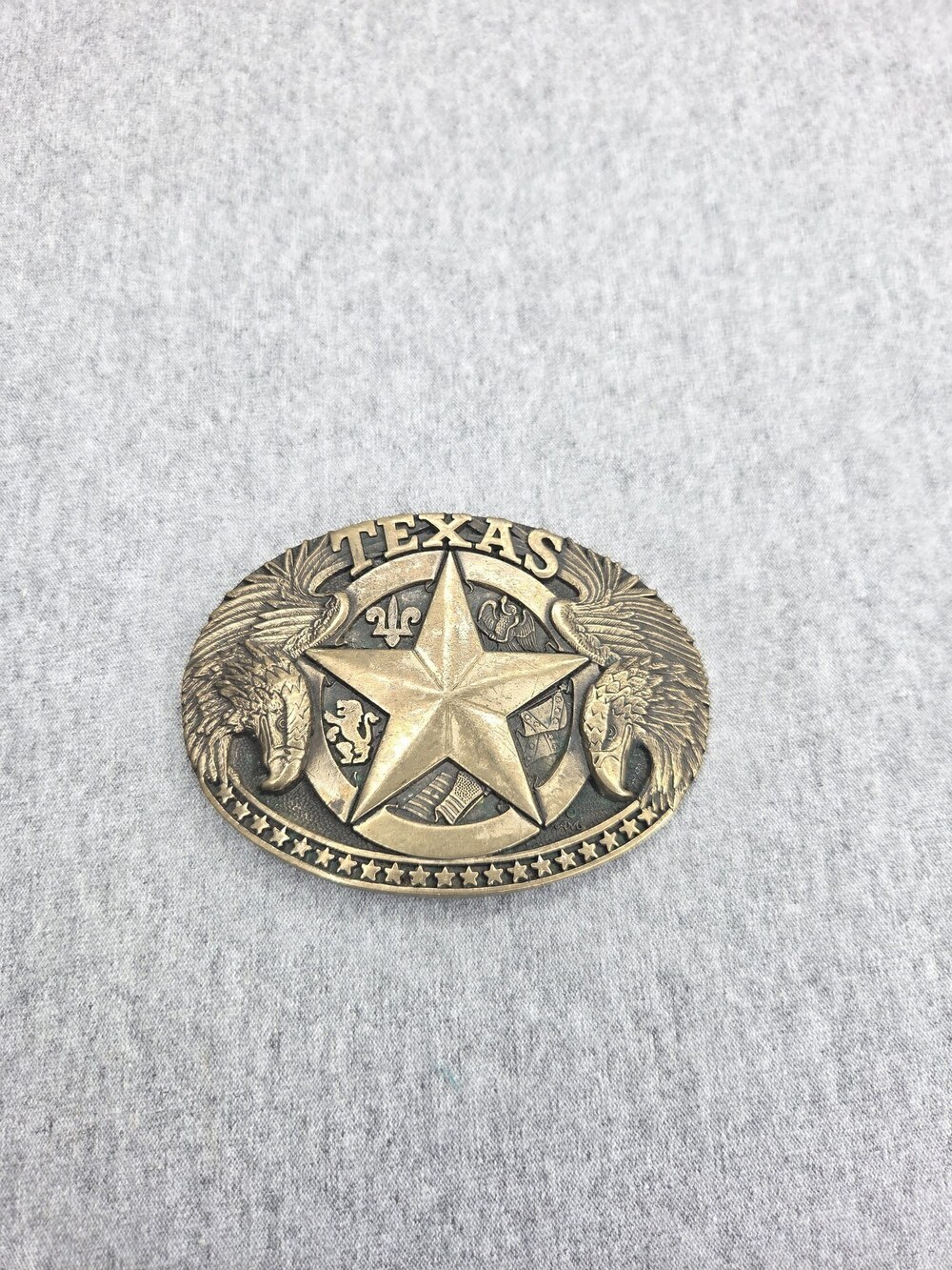 Vintage Texas Six Flags Solid Brass Belt Buckle Award Design Medals Eagle Star